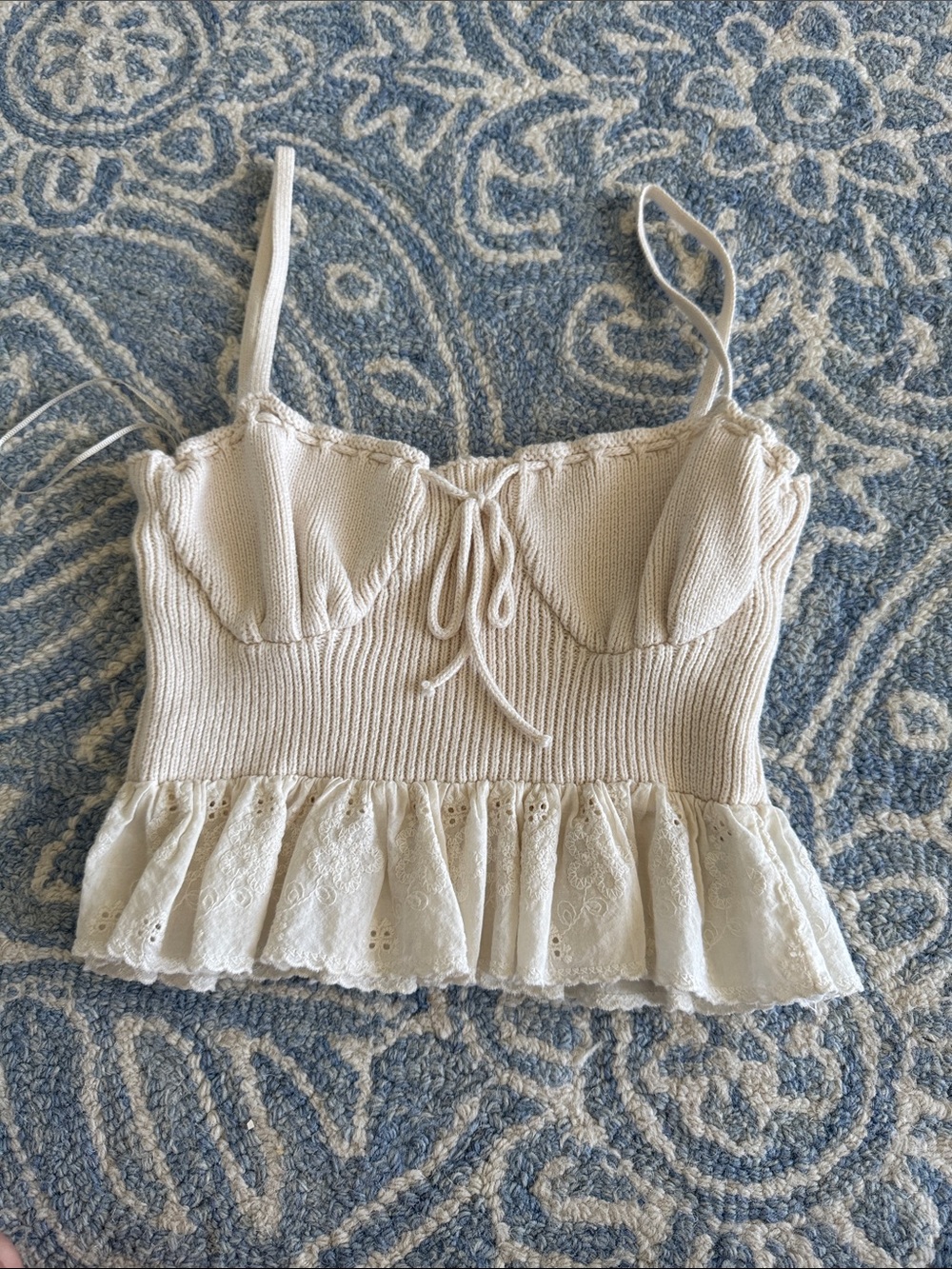 Zara Cream Ribbed Lace-Trim Cropped Cami